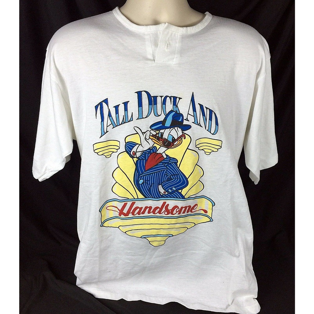 Vintage Disney Mens XL White Shirt Single Stitch Donald Duck Tall Duck Handsome